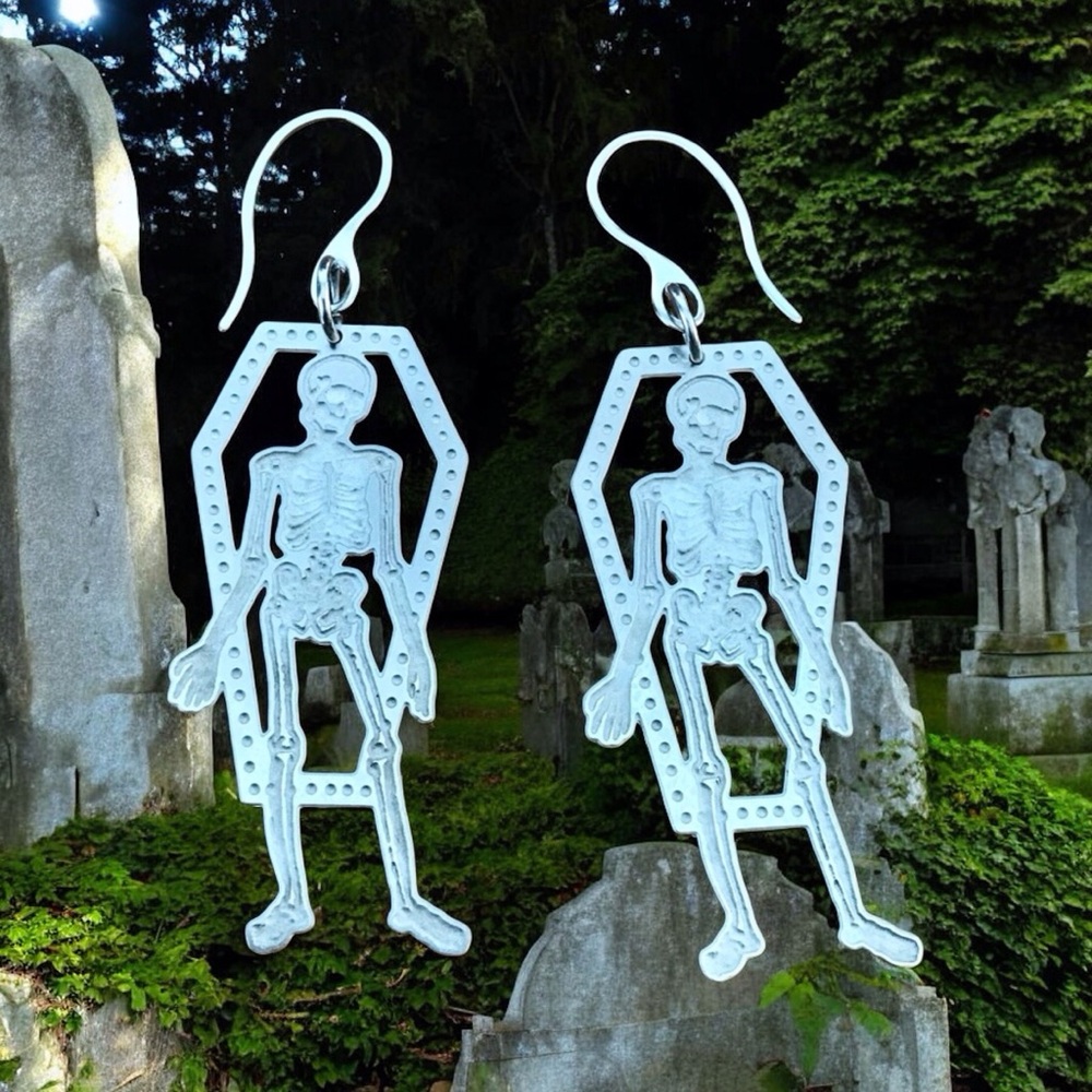 🆕 Skeleton on Coffin Laser Etched Earrings Stainless Steel